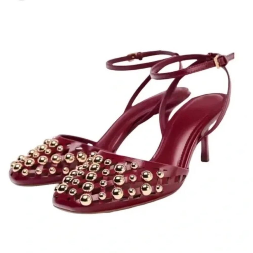 Zara Burgundy Red Studded Ankle-Strap Kitten Heels